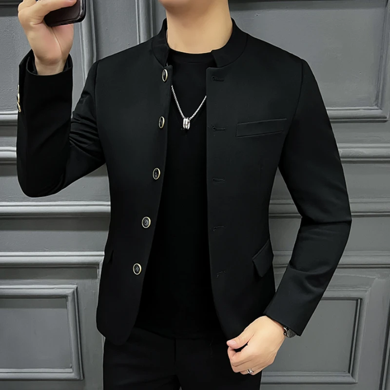 2024 Spring Blazer Jacket Men's Standing Collar Casual Business Blazer Wedding Groom Banquet Social Party Dress Coats M-4XL