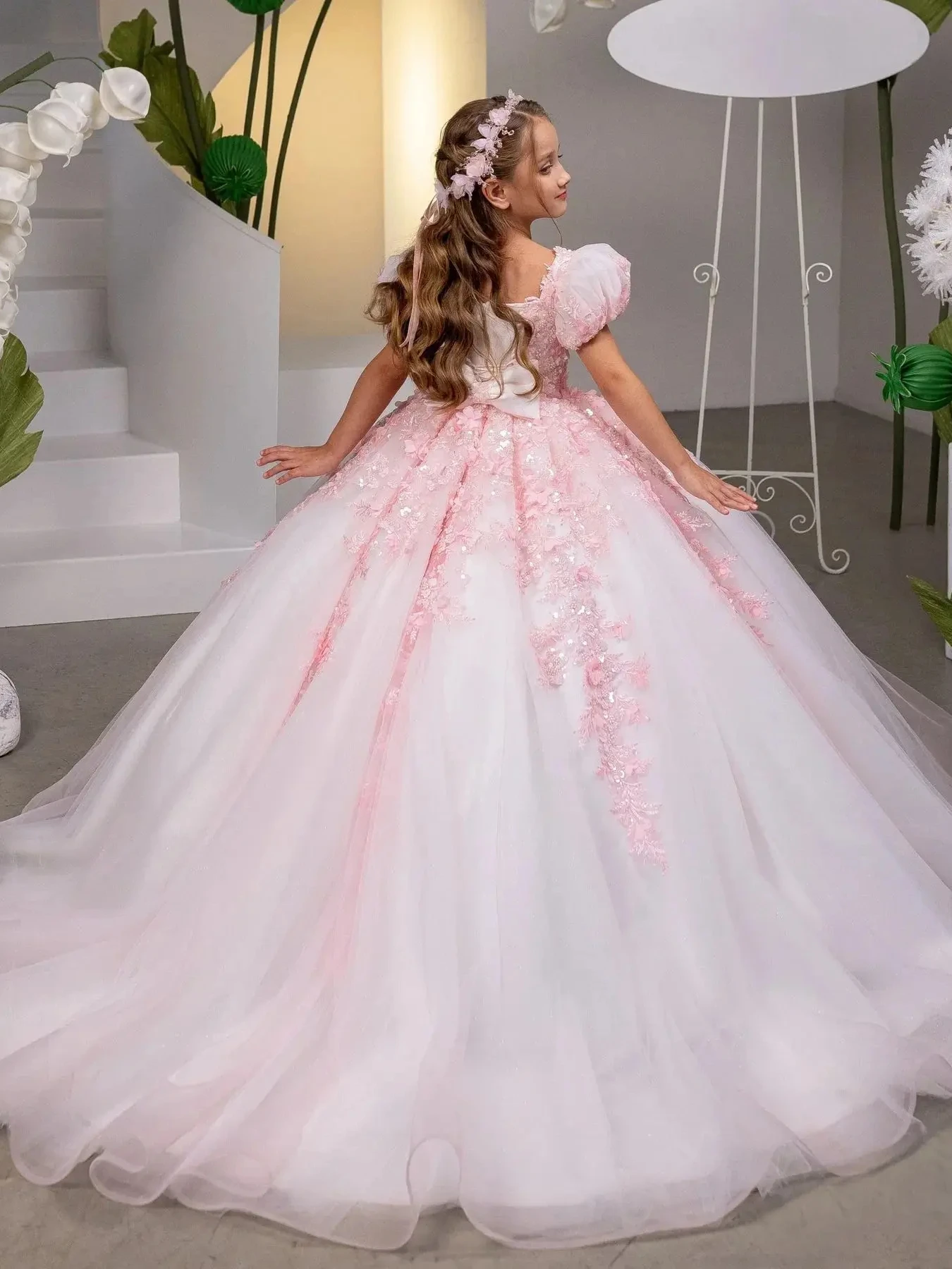 Customized Pink Flower Girl Dress for Wedding Appliques Bow Glitter Short Sleeve Floor Length Kids Birthday First Communion Gown