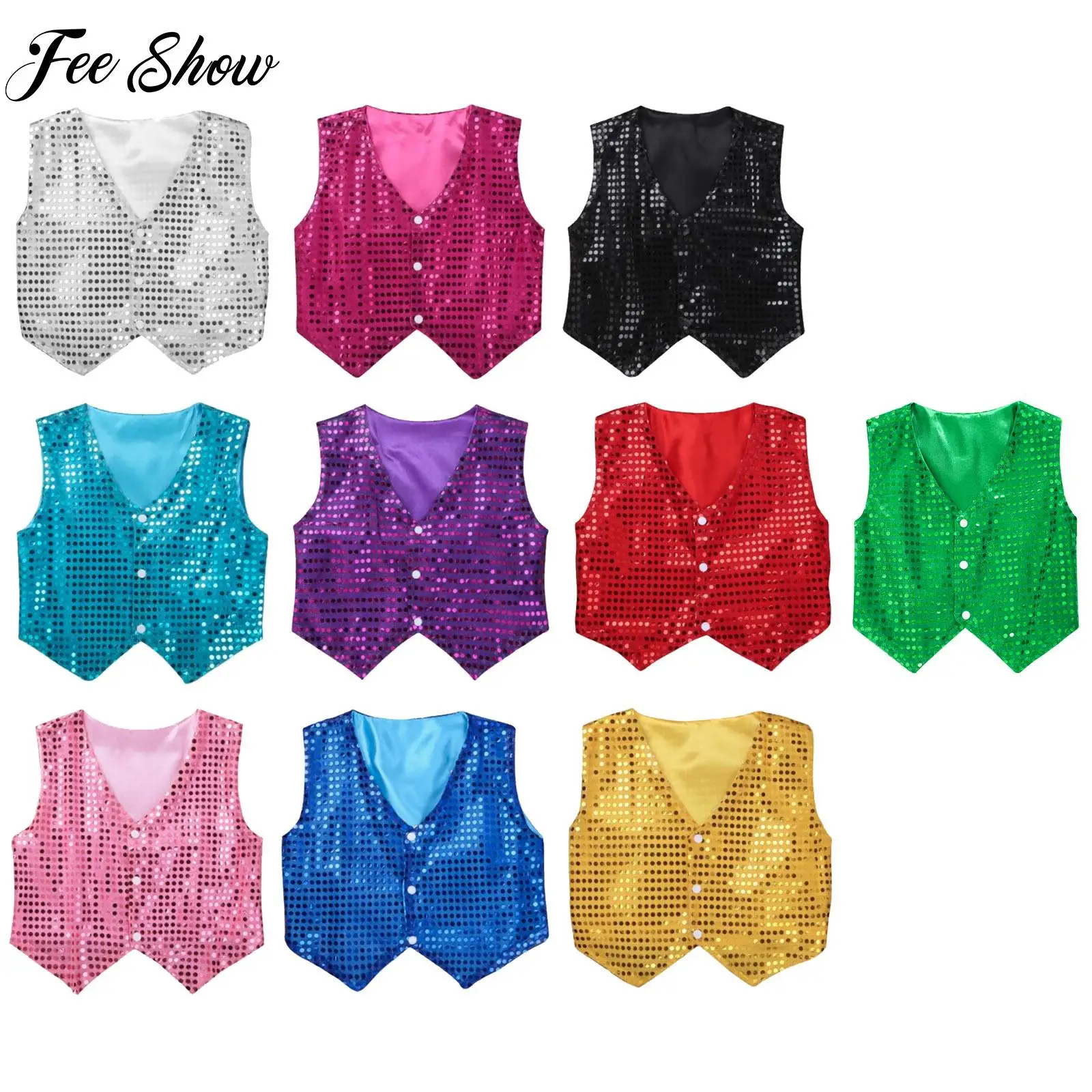 

Kids Boy's Sequins Hip Hop Dance Vests Waistcoats Children Latin Jazz Dance Disco Party Fancy Dress Up Choir Performance Costume