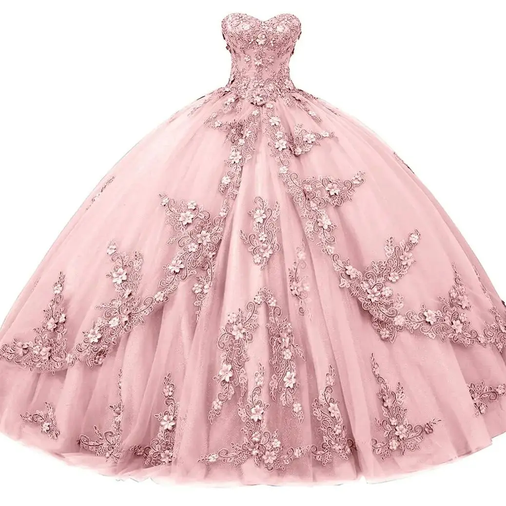 Vestidos Quinceanera longos sem alças para mulheres, espartilho com apliques florais, vestido de baile frisado, querida