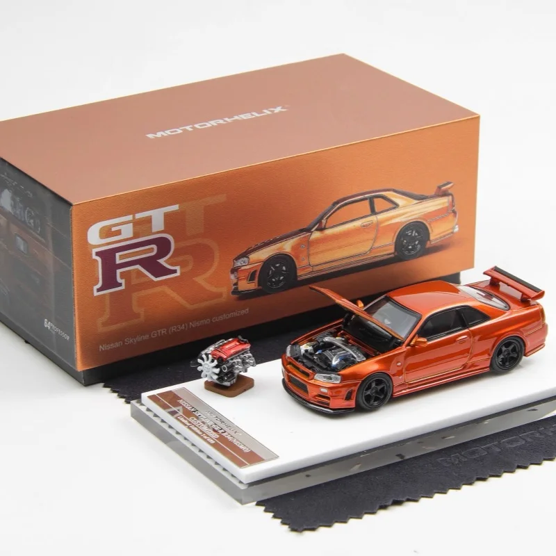 1:64 Skyline GT-R R34 Nismo Sunset Orange aleación modelo de coche de simulación en miniatura fundido a presión, artículo decorativo para adultos, juguete para niños