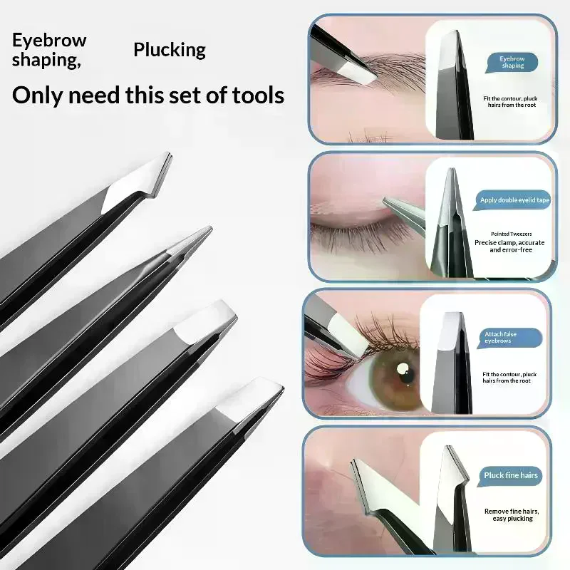 Colorful Stainless Steel 4 Pcs Tweezer Set For Women And Men's Eyebrows & Eyelashes Comes With Storage Bag