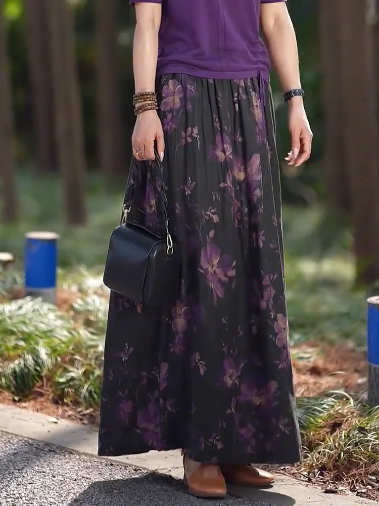 

Loose Floral Print f-length Skirt Women's High-waist Drapey Summer New Sle Casual Artistic Vintage Long Skirt