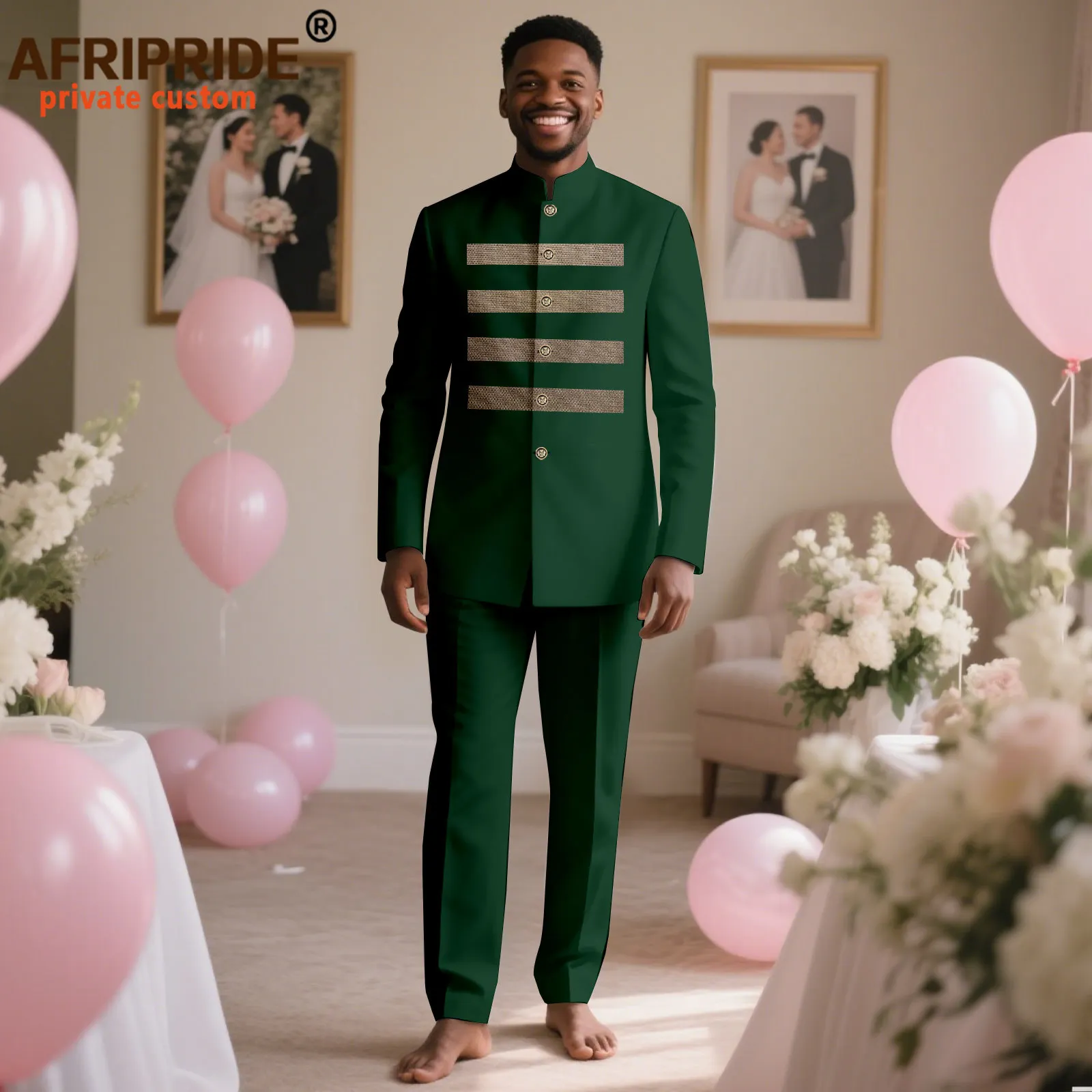 Bazin Riche African Clothes for Men Full Sleeve Striped Blazer and Ankara Pants 2 Piece Set Dashiki Outfits for Wedding 2516063