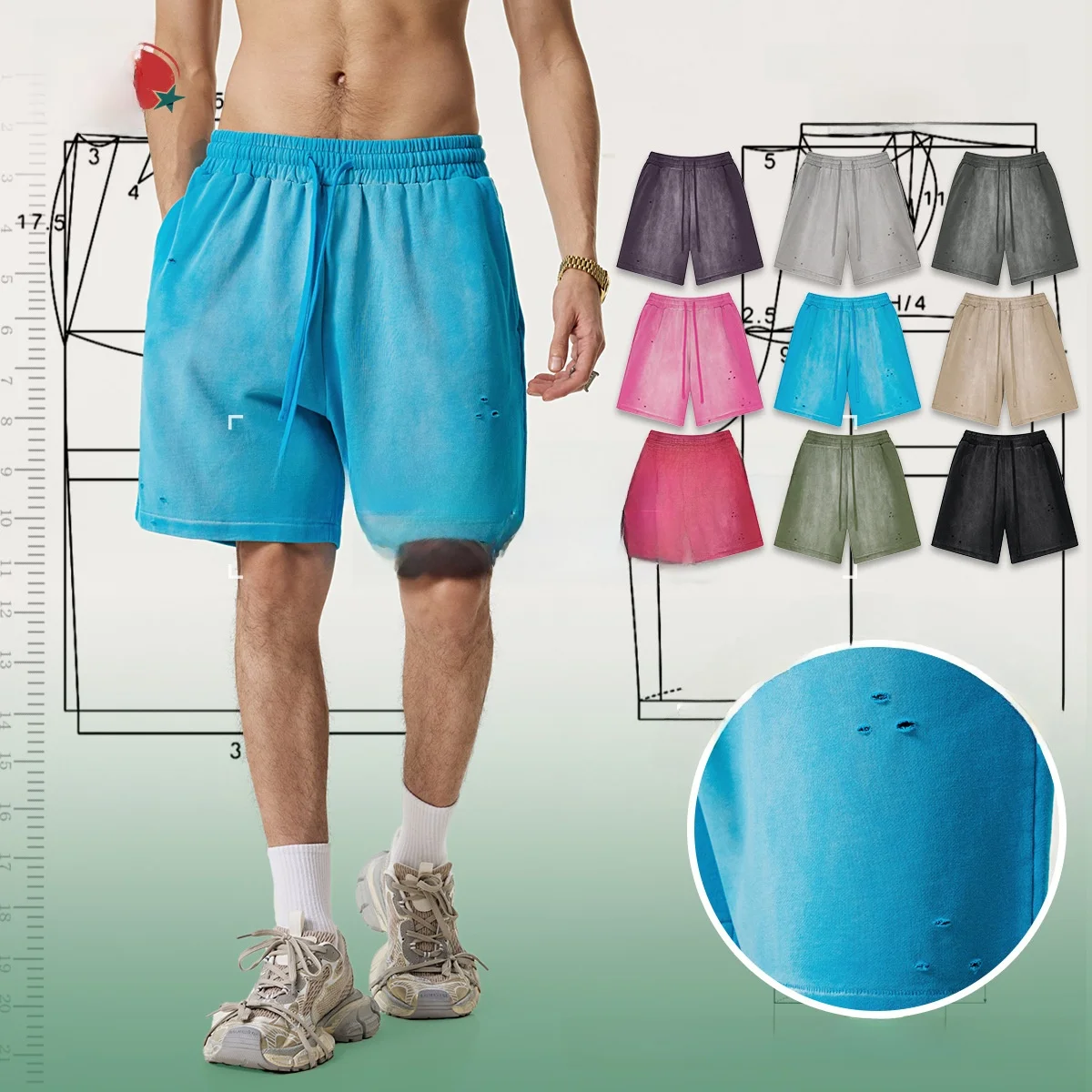 

Мужские летние шорты в уличном стиле, серия Fog Color, рваные, длиной до колена, свободного кроя, спортивные, повседневные, с низкой/средней посадкой, прямые штанины