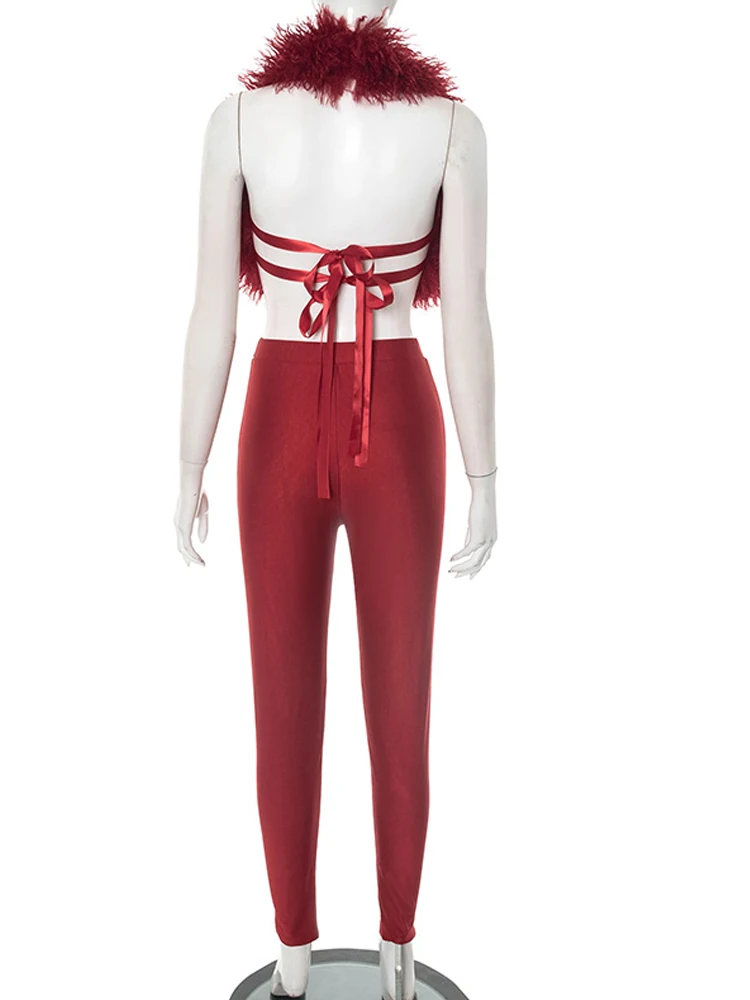 クリセシーン レディース ホルターネック Vネック タイバック クロップトップ レギンススーツセット ゴージャスな赤いファーリートラックスーツセット 2ピース クラブ衣装