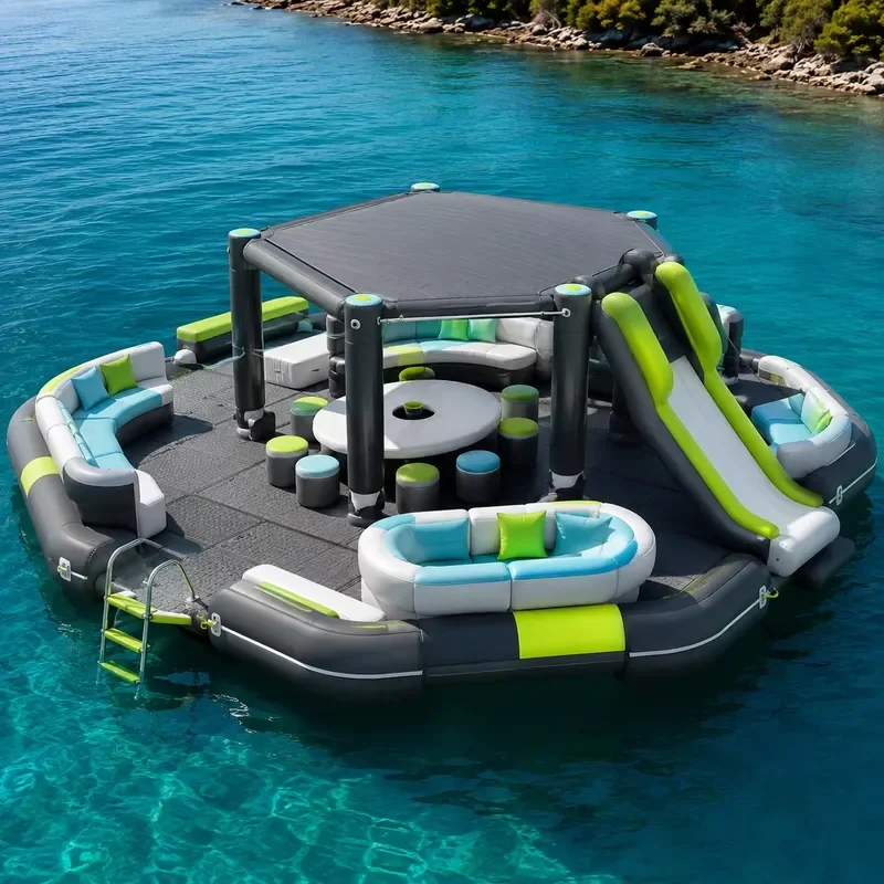 Large Inflatable Water Lounge Platform Floating Island with Slide Canopy Sofa Table for Resort Lake Wholesale Supply Orders