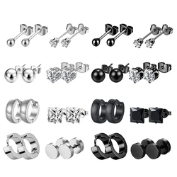 1 Pairs of Earrings Stainless Steel Multiple Black Simple Ear Studs for Men Women Punk Style CZ Round Earring Fashion Jewelry