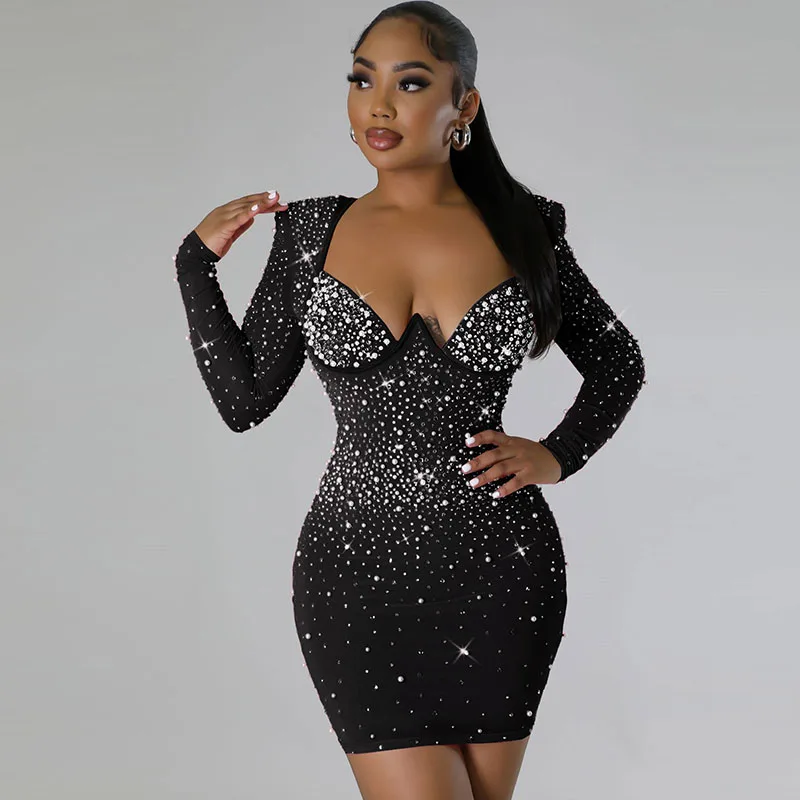 

Sparkly Rhinestones Diamonds Birthday Dress Women Long Sleeve V-neck Rave Club Party Night Prom Dresses Evening Vestidos Cortos