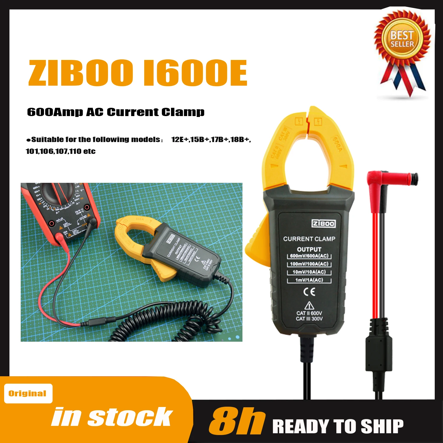 ZIBOO I600E 600Amp AC Current Clamp, 4mm Banana Plug for Multimeters/mV AC Measurement Tools Perfect Replacement for I400E
