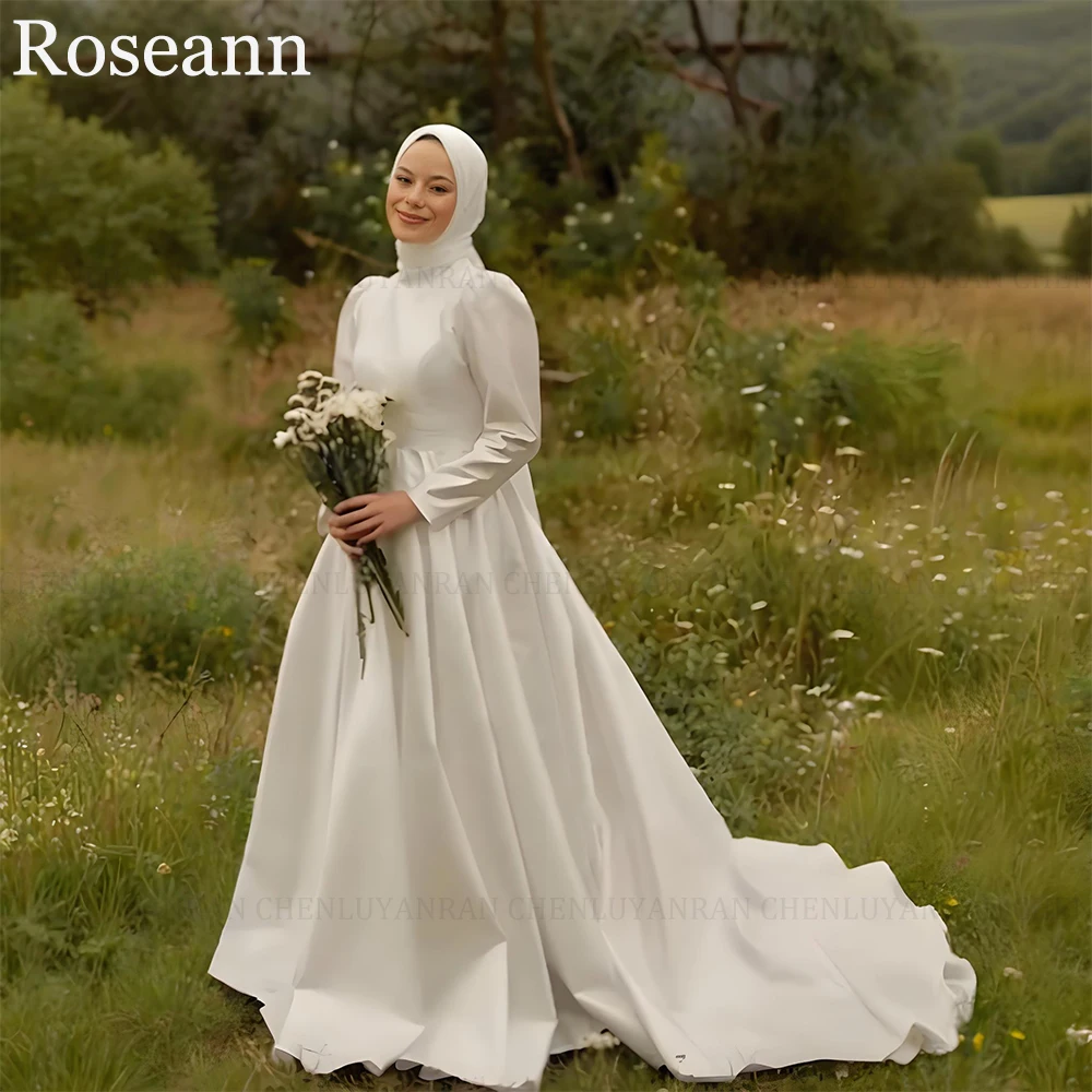 

ROSEANN Simple Satin Muslim Wedding Dresses 2025 Customized A-Line High Neck Long Sleeves Modest Bridal Gowns Vestidos De Novia