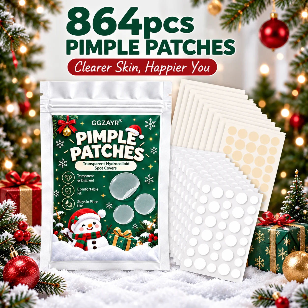 864PCS Round Pimple Patches, Mixed Size Clear and Beige Hydrocolloid Spot Covers for Everyday Skincare, Christmas Edition