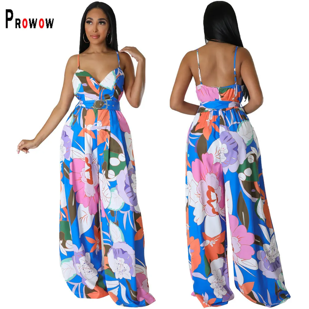 Prowow Floral Print Women Jumpsuits with Sashes 2023 New One-piece Backless Wide Leg Pant Summer Slim Vacation Outfits Romper