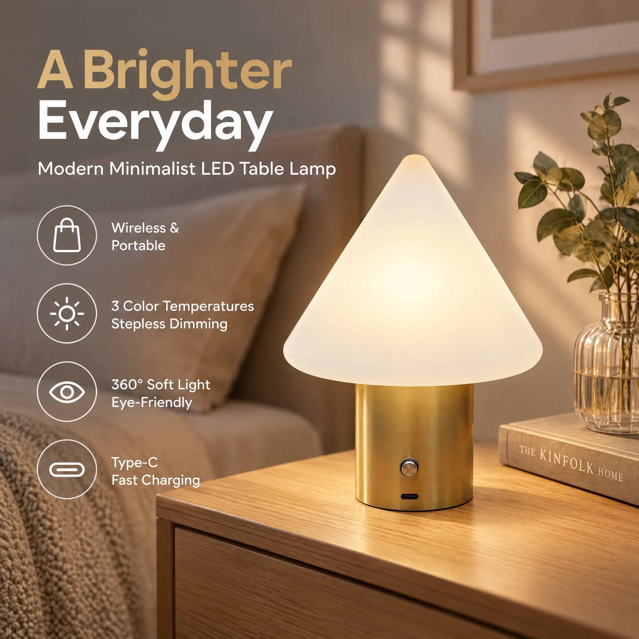 Portable Cordless LED Desk Lamp,3 Light Modes Dimmable Night Lamp,Gold Metal Base Ambient Table Light for Home & Cafe Decoration