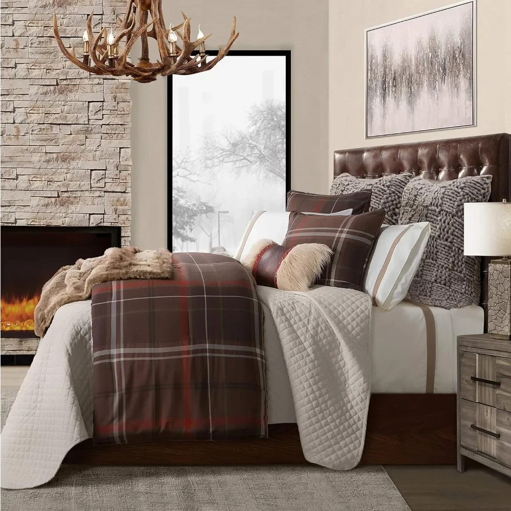 Rustic Bedding 3 Piece Super Queen Size Comforter Set, Brown Plaid Pattern Cotton Western Bedding Lodge Cabin Comforter