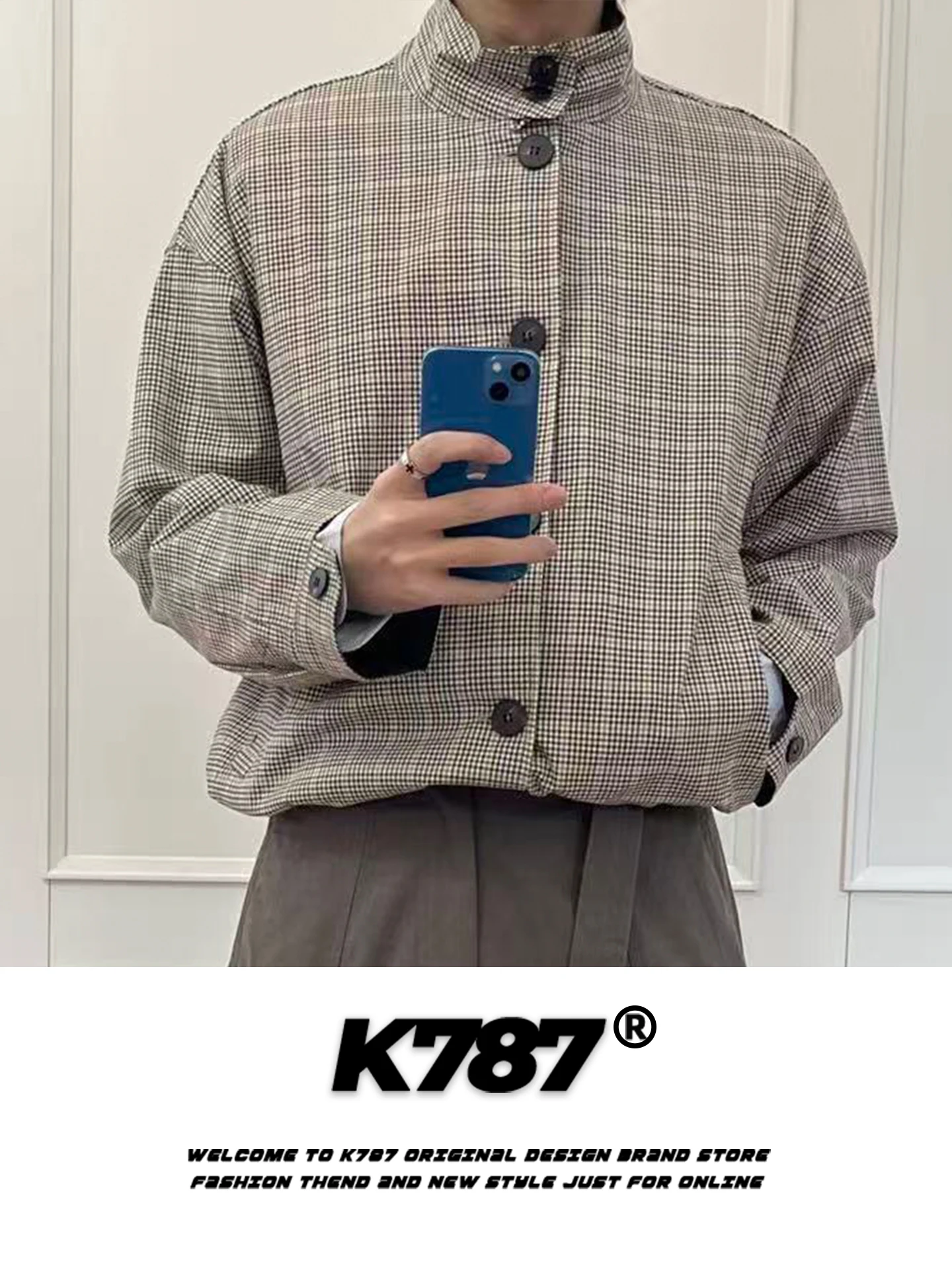 

K787 American Retro Plaid Stand Collar Jaet Loose Casual ex Zipper Coat Youth Spring Faion Warm Polyester Nylon