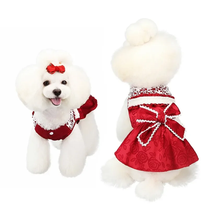 

New pet dresses Delicate jacquard dog Bride dress Lace mesh big bow dog dresses for small dogs