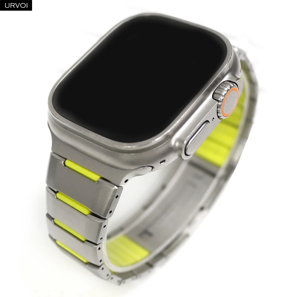 URVOI Armband für Apple Watch Ultra 3 2 Series 11 10 9 8 7 6 SE Feines Edelstahlarmband mit hochwertigem Silikonarmband 45 49mm