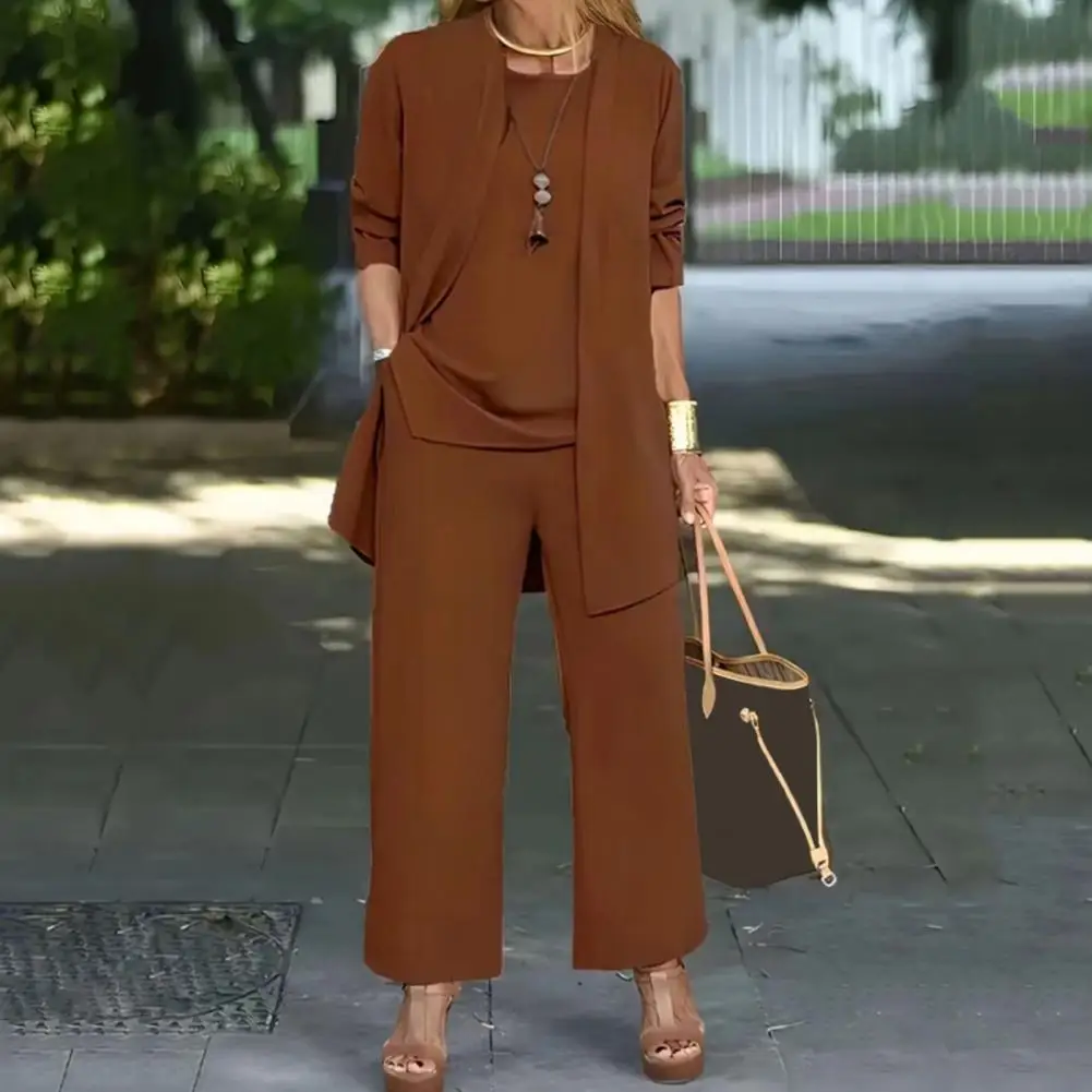 

Elastic Waist Trousers Set Stylish Women's 3-piece Pantsuit Set with Long Sleeve Cardigan O Neck Vest Wide Leg for Daily