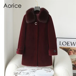 Aorice Women Winter Long Wool Fur Coat Jacket Female Fox Fur Collar Coats Lady Over Size Parka Trench CT245