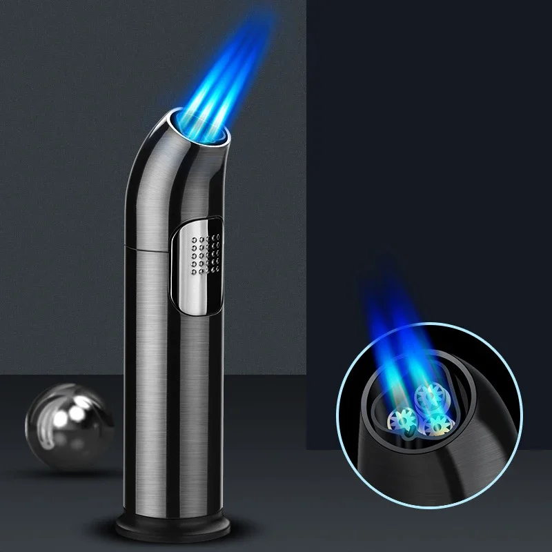 Metal Three Jet Blue Flame Spray Gun Butane Gas Lighter 1300°C Continuous Burning Outdoor BBQ Kitchen Cigar Lighters Smoking