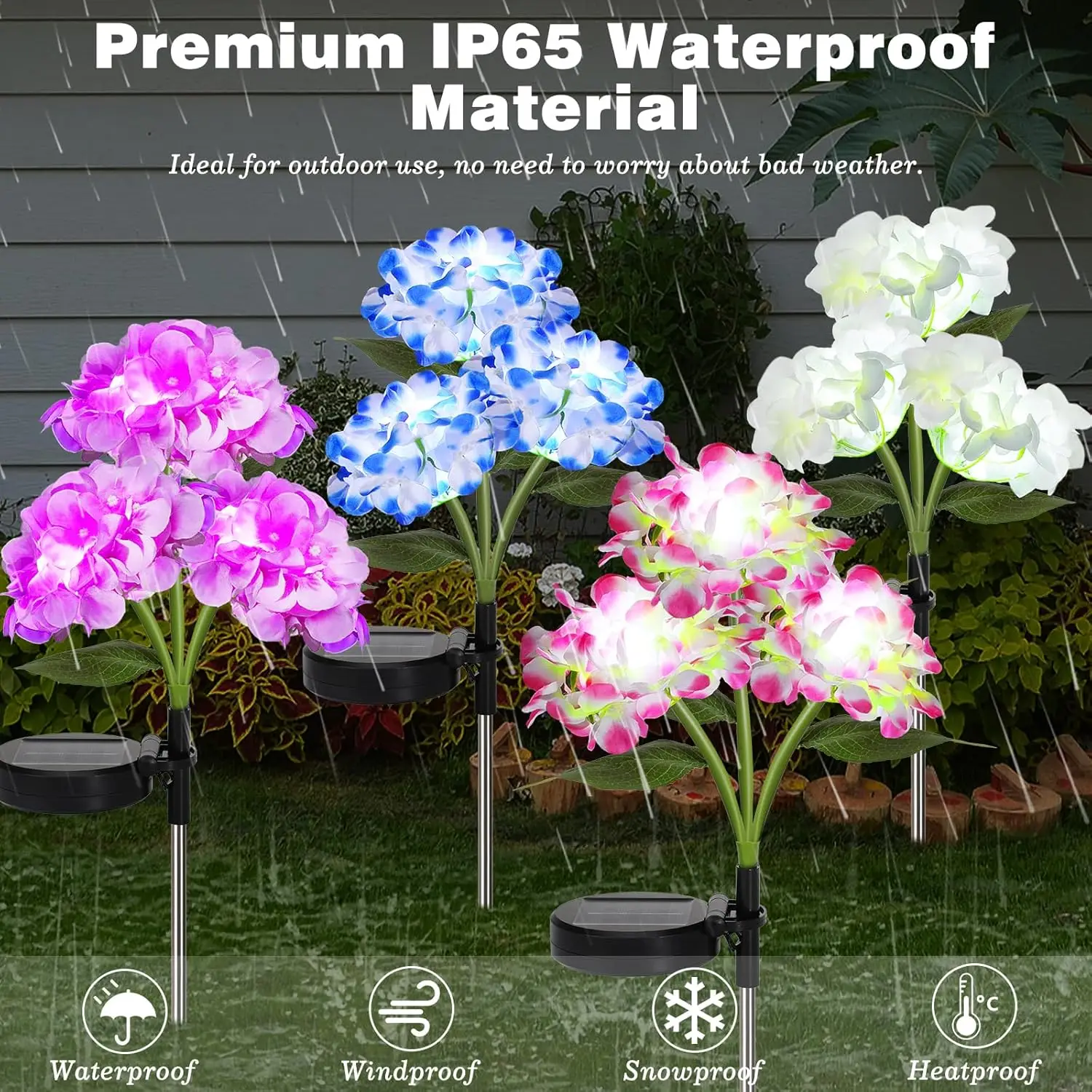 Solar Powered Hydrangea LED Light, Realistic Artificial Solar Garden Light, Semi-Flush Lawn Lamp for Outdoor Courtyard, Pathway