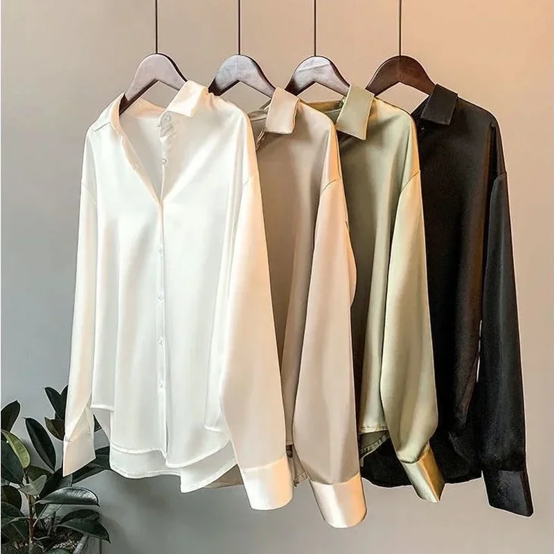 Satijnen Afwerking Shirts En Blouses Vrouwen Kleding Casual Top Ol Lange Mouw Knoop Elegante Shirts Franse Effen Blouses Voor Vrouwen