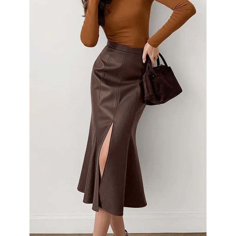 BKQU Vintage Leather Split Long Skirt Women Solid High-waisted Slim Bodycon Mermaid Skirt Elegant Fashion Party Evening Skirts