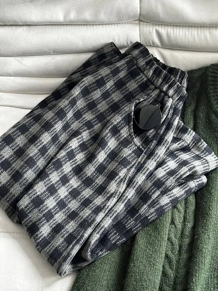 EAM Plaid High Elastic Waist Wide Leg Ankle Length Vintage Pants New Trousers Women Fashion Tide Autumn 2026 30A4051