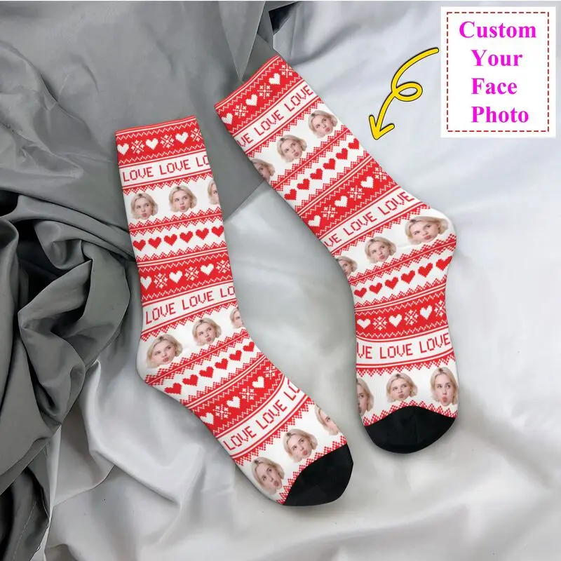 크리스마스 맞춤형 얼굴 사진 양말 남성 여성 따뜻한 패션 크루 양말