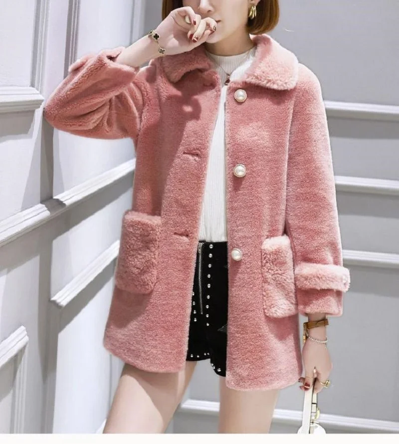 Light luxury women\'s wool shearing coat, 100% real wool coat, fashion Warm and slim fit button pocket, spring autumn winter, new