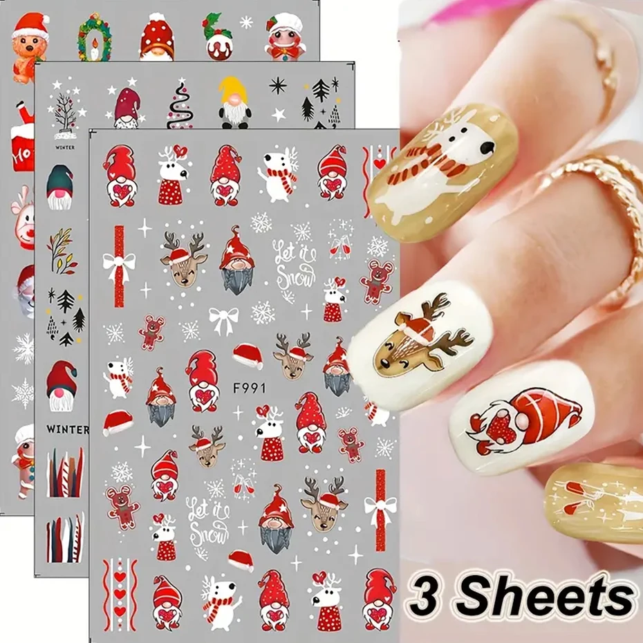 

3 Sheets Festive Christmas Nail Art Sticker Red Santa Snowflakes Adhesive Decal Reindeer Snowman Manicure Holiday Slider