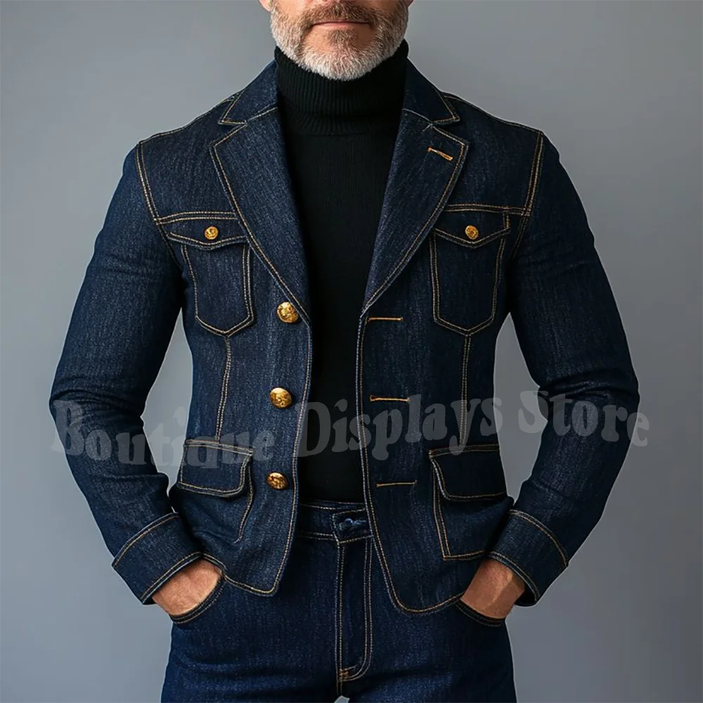 

Модные джинсовые костюмы для мужчин, элегантный наряд с несколькими карманами и остроконечными лацканами, однобортный повседневный комплект для выпускного вечера