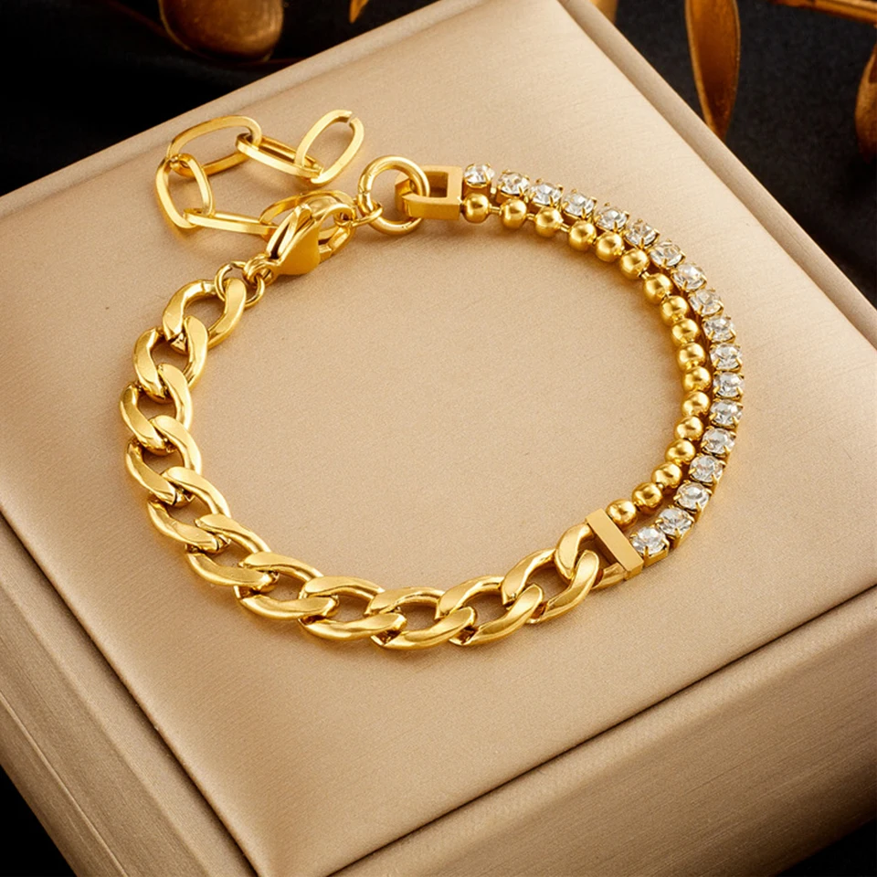 Yupsk 316L Stainless Steel Double Chain Bracelet Shiny Zircon Vintage Gold Color Charm Bracelets Women Party Jewelry Gift