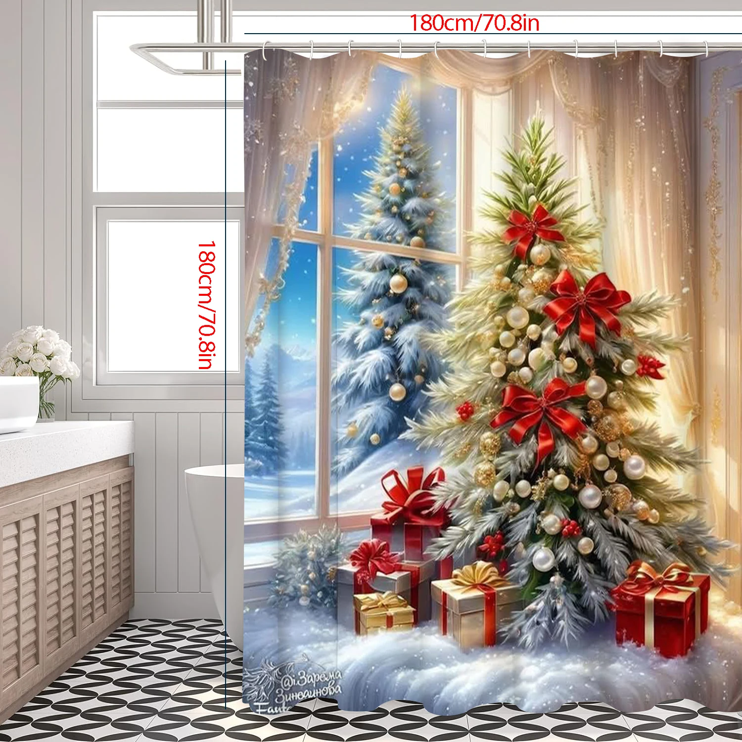 

Christmas Tree Decoration Dwarf Pattern Bathroom Shower Curtain with 12 Hooks Home Bathroom Decoration Accessories