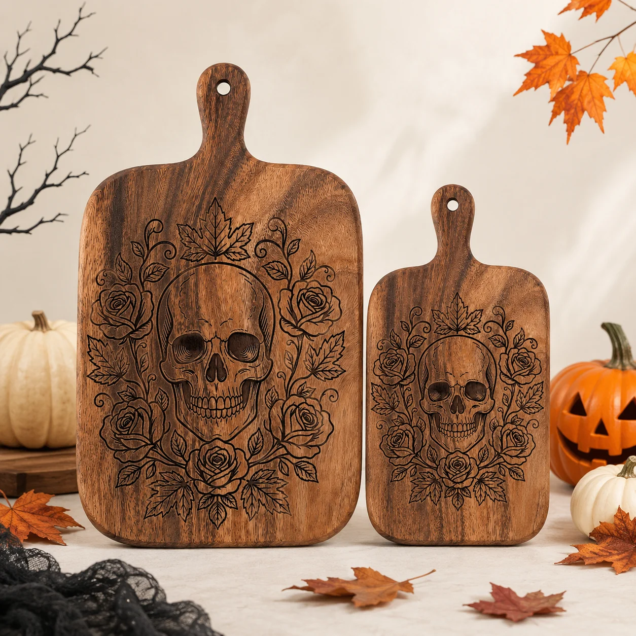 2Pcs/1Pc Halloween Skull Design Wooden Carved Cutting Board Artistic Carved Steak Board Tabletop Decorative Cutting Board Stylish Long Handle, Solid Wood, Used for Cutting Meat, Cheese, Bread, Vegetables, and Fruits - Deli Board, Cheese Serving Board, Perfect for Food Slicing and Presentation, Portable Camping Cutting Board, a Must-Have for Modern Home and Country Kitchens Mother's Day Gifts, Wedding Season Kitchen Supplies