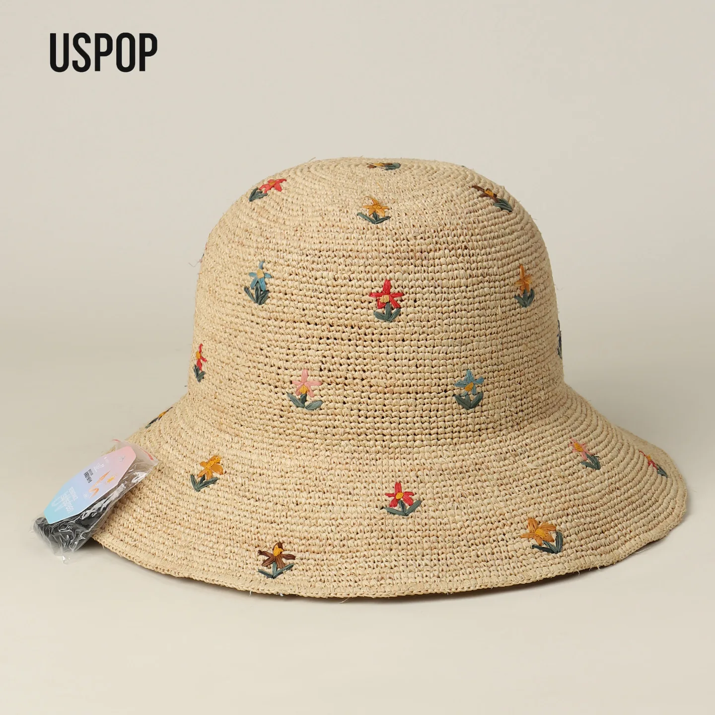 Women Foldable Raffia Bucket Hat with Hand Embroidered Floral Design, Wide Brim Summer Beach Sun Hat, Adjustable Straw Hat