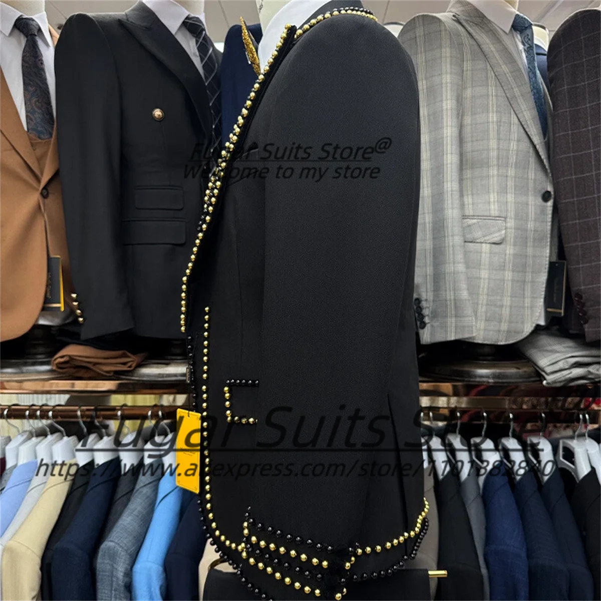 Customized Gold Black Pearls Formal Men Suits Slim Fit Peak Lapel Groom Wedding Tuxedos 3 Pcs Sets Male Prom Blazers Ropa Hombre