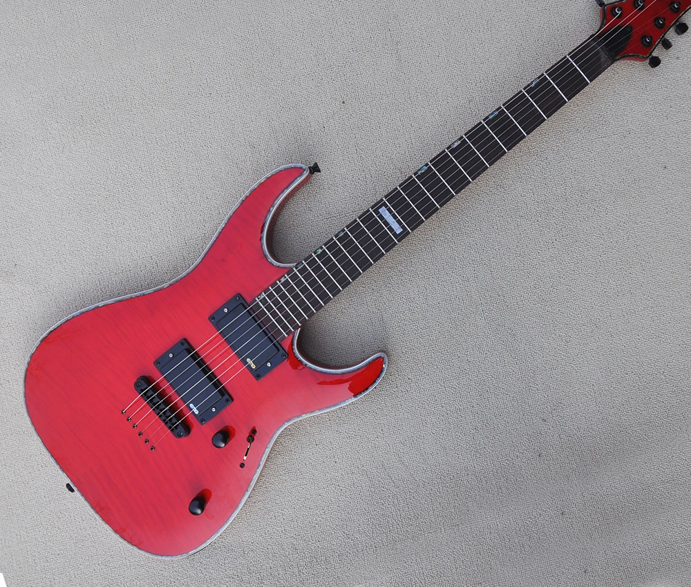 Red 6 Strings Electric Guitar with Flame Maple Veneer,Rosewood Fretboard,24 Frets,Customizable