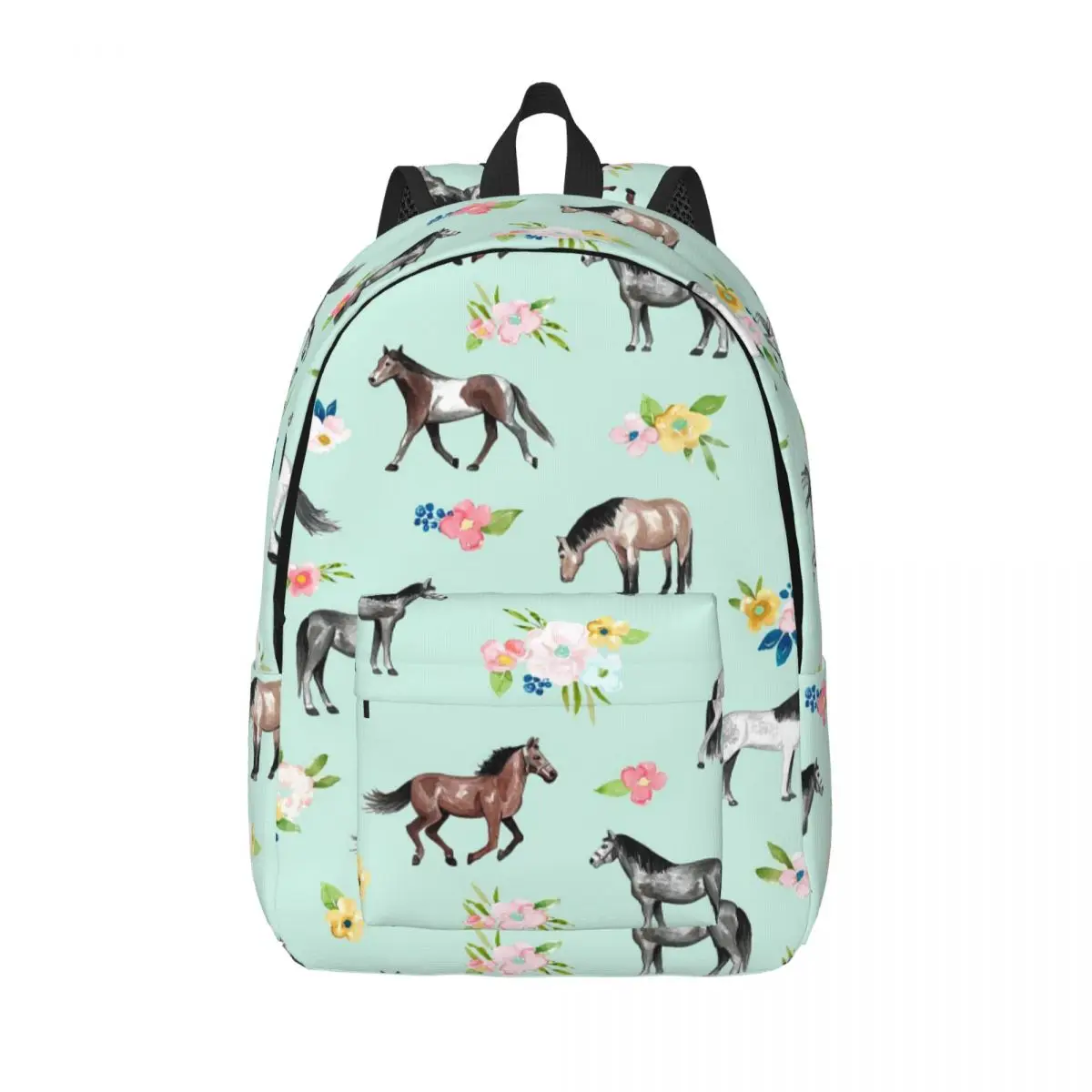 Horses And Flowers, Mint Blue, Horse Art Student Backpack School Bag Travel Daypack for Boys Girls Fashion Bookbag Shoulder Bags