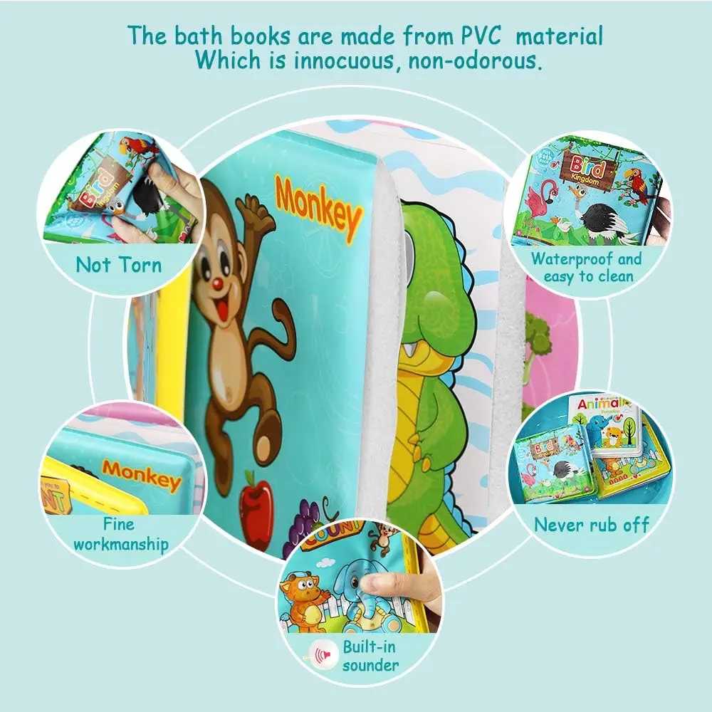 Books-3PCS de baño para bebés, juguetes de bañera flotantes, libros educativos impermeables para niños pequeños, libros de animales, libros de conteo, libro de pájaros