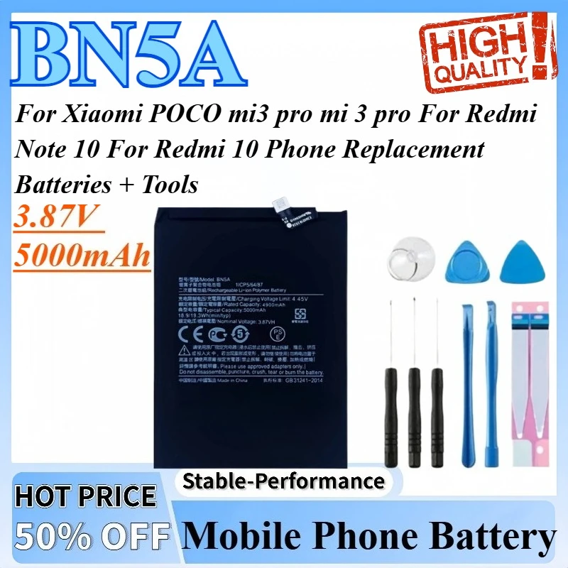

Аккумулятор BN5A 3,87 В, 5000 мАч для Xiaomi POCO mi3 pro mi 3 pro, для Redmi Note 10, сменные аккумуляторы для телефона Redmi 10 + инструменты