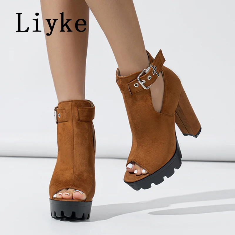 Liyke Punk Style Peep Toe Cool Riding Platform Boots Sandals Female Fashion Buckle Strap Thick High Heels Women Shoes Booties