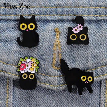Broches esmaltados de gatos pretos, broches personalizados com olhos grandes, gatinho, emblemas de lapela, animais florais, desenhos animados, joias engraçadas, presente para amigos
