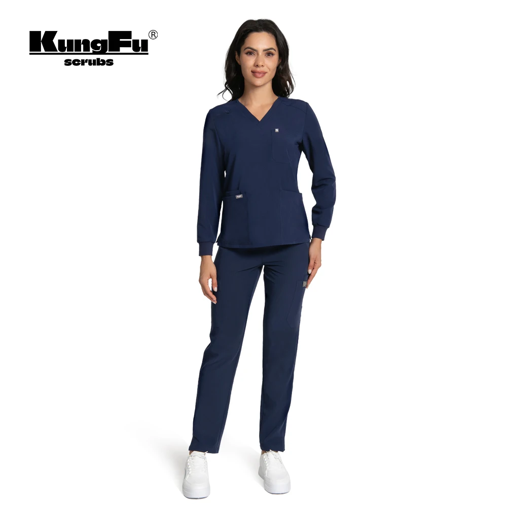 Kungfu scrubs feminino de manga comprida médico não formal com impermeável antibacteriano respirável esfrega vestido cirúrgico enfermeira workwear