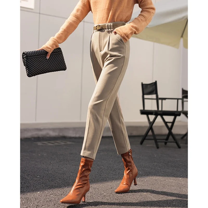 

Женские повседневные брюки-карроты с высокой талией, драпированные, из шерстяной ткани, в корейском стиле, укороченные, облегающие, модель Harlan