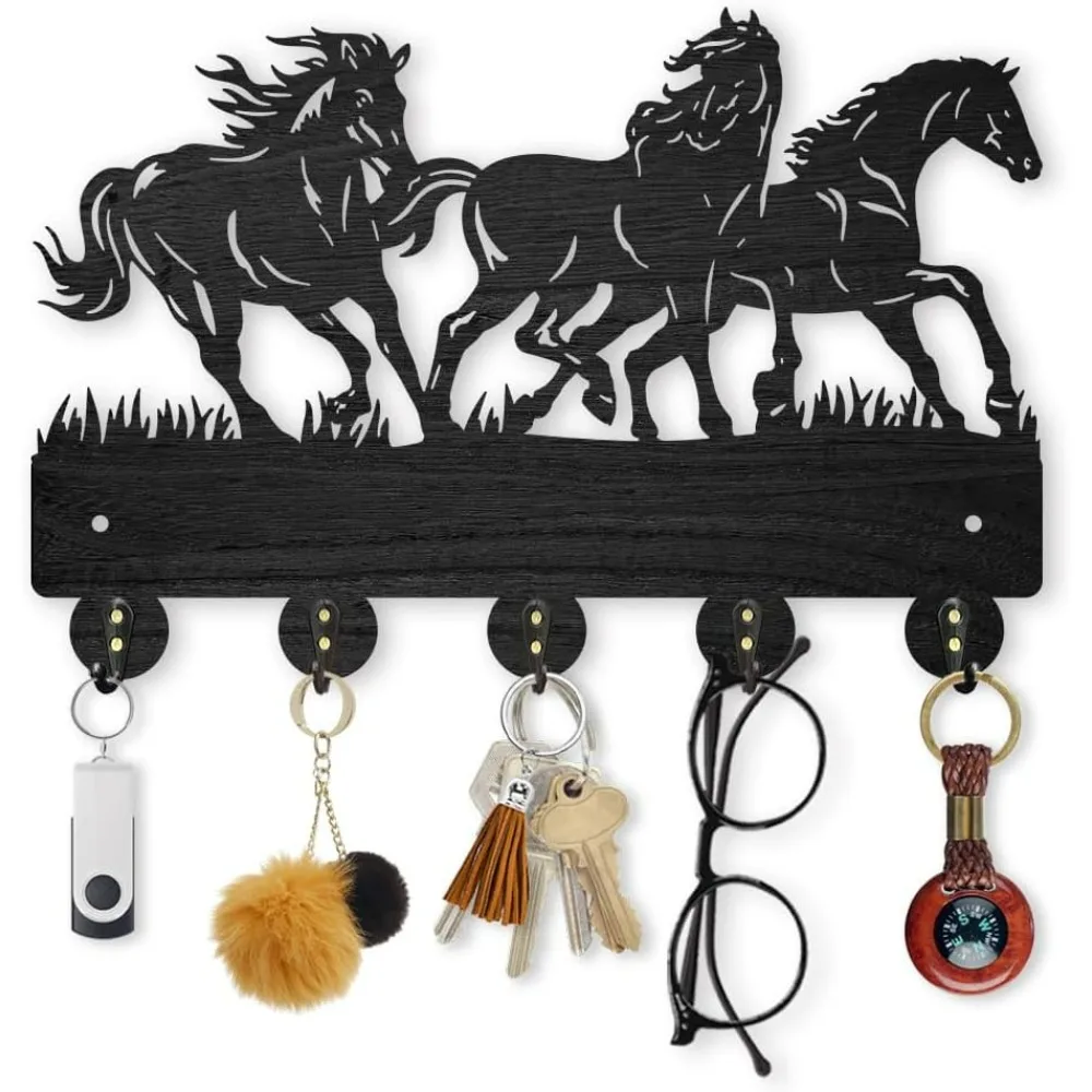 Horse Coat Hooks Wall Mounted 11.8×7.9inch Running Horse Key Holder for Wall Wood Key Rack Hanger with 5 Alloy Hooks for Wall