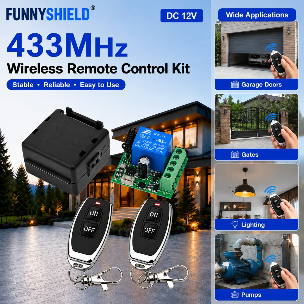 FUNNYSHIELD DC 12V 433MHz RF Wireless Remote Control Switch 2CH Relay Receiver DIY Control for Garage Door Curtain Motor Light