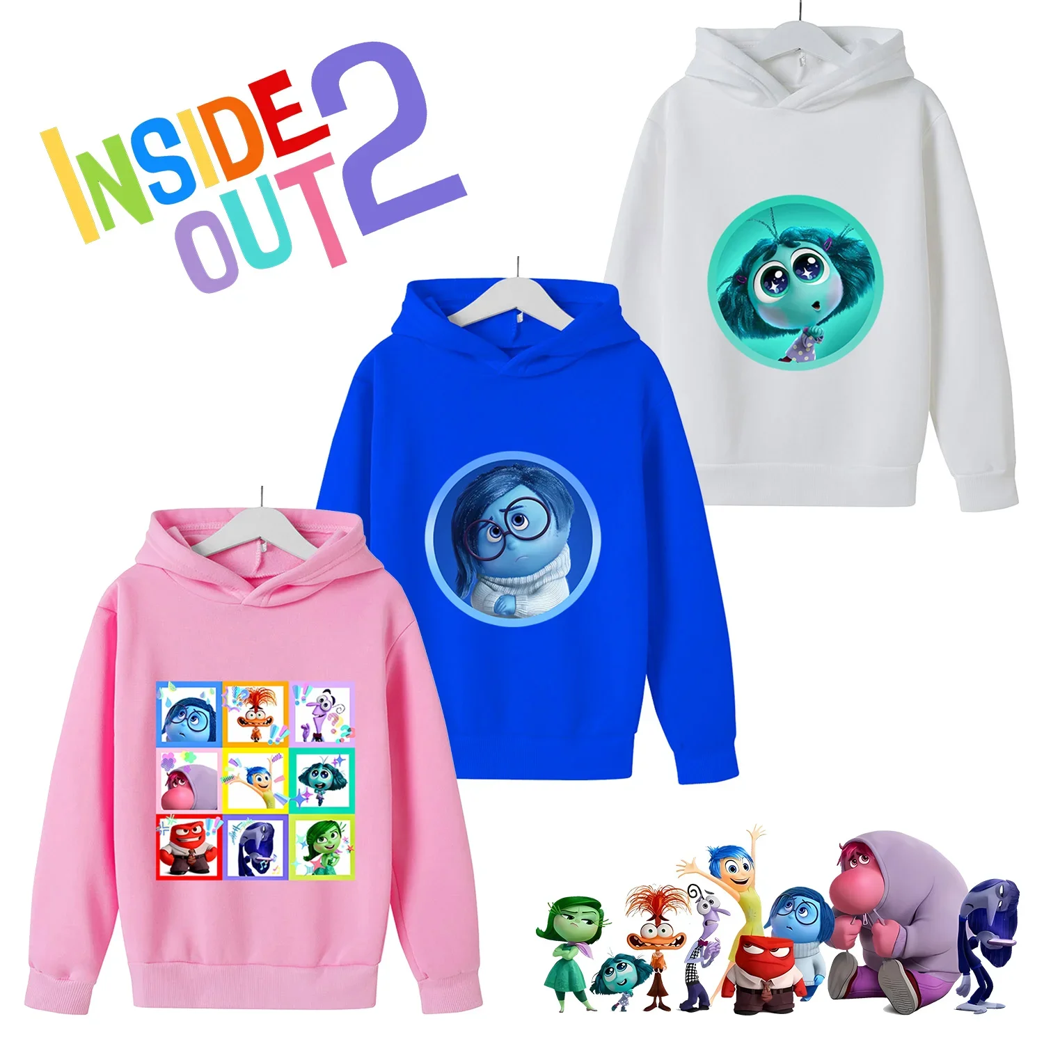 Inside Out 2 Disney Cartoon Kids Sweatshirt with Hat Thick Winter Pullover Tops Casual Hoodie Children Long Sleeve Clothes Gift