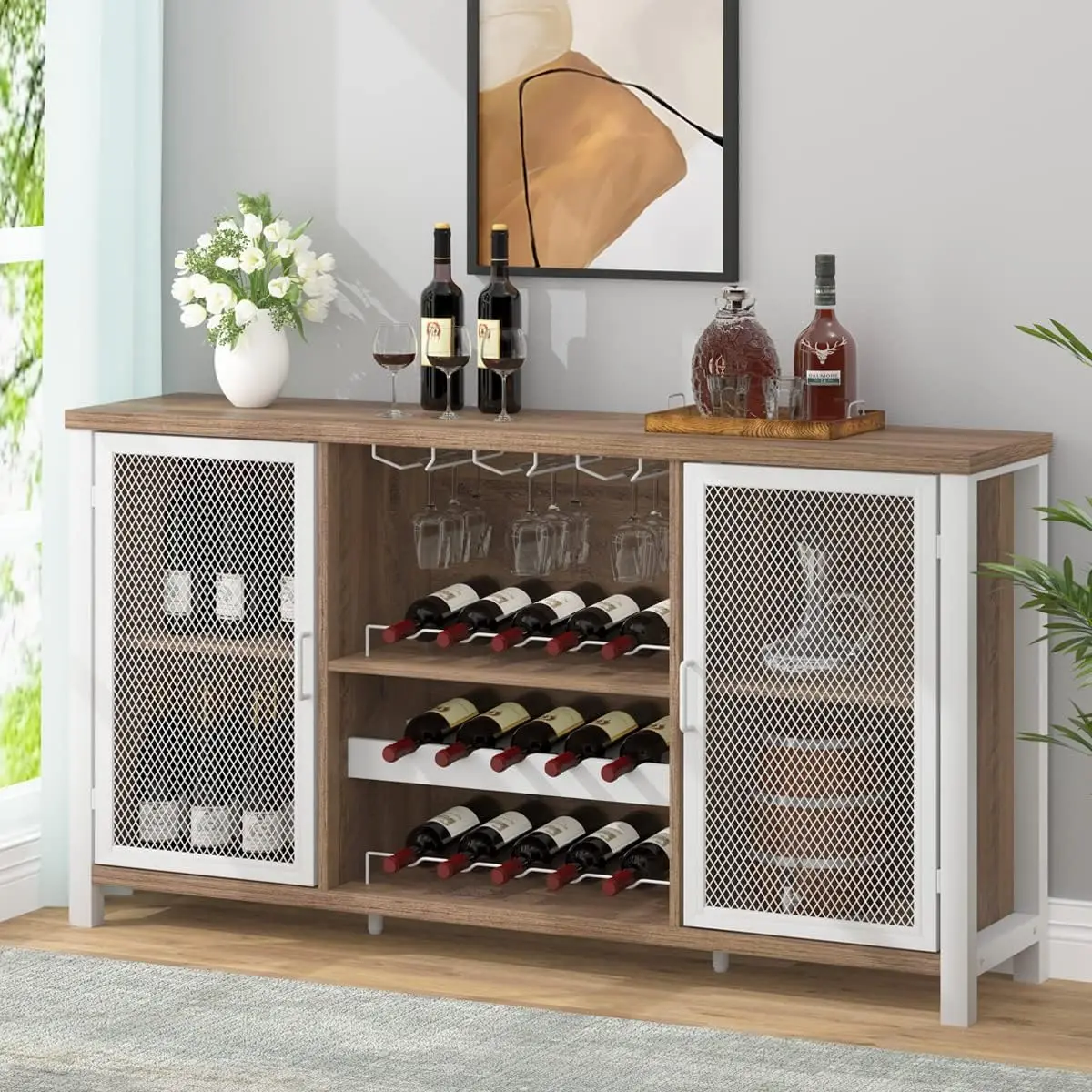 Bar Cabinet, Farmhouse Liquor Cabinet for Liquor and Glasses, Sideboard Buffet Wine Cabinet